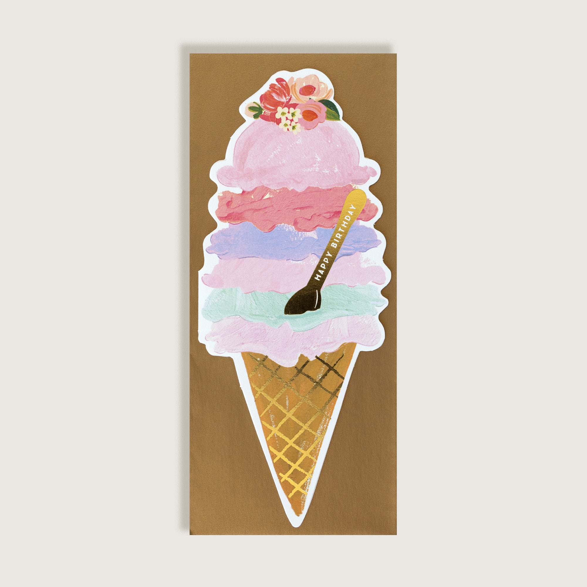 Painted Ice Cream Cone-Shaped Birthday Card with Golden Envelope