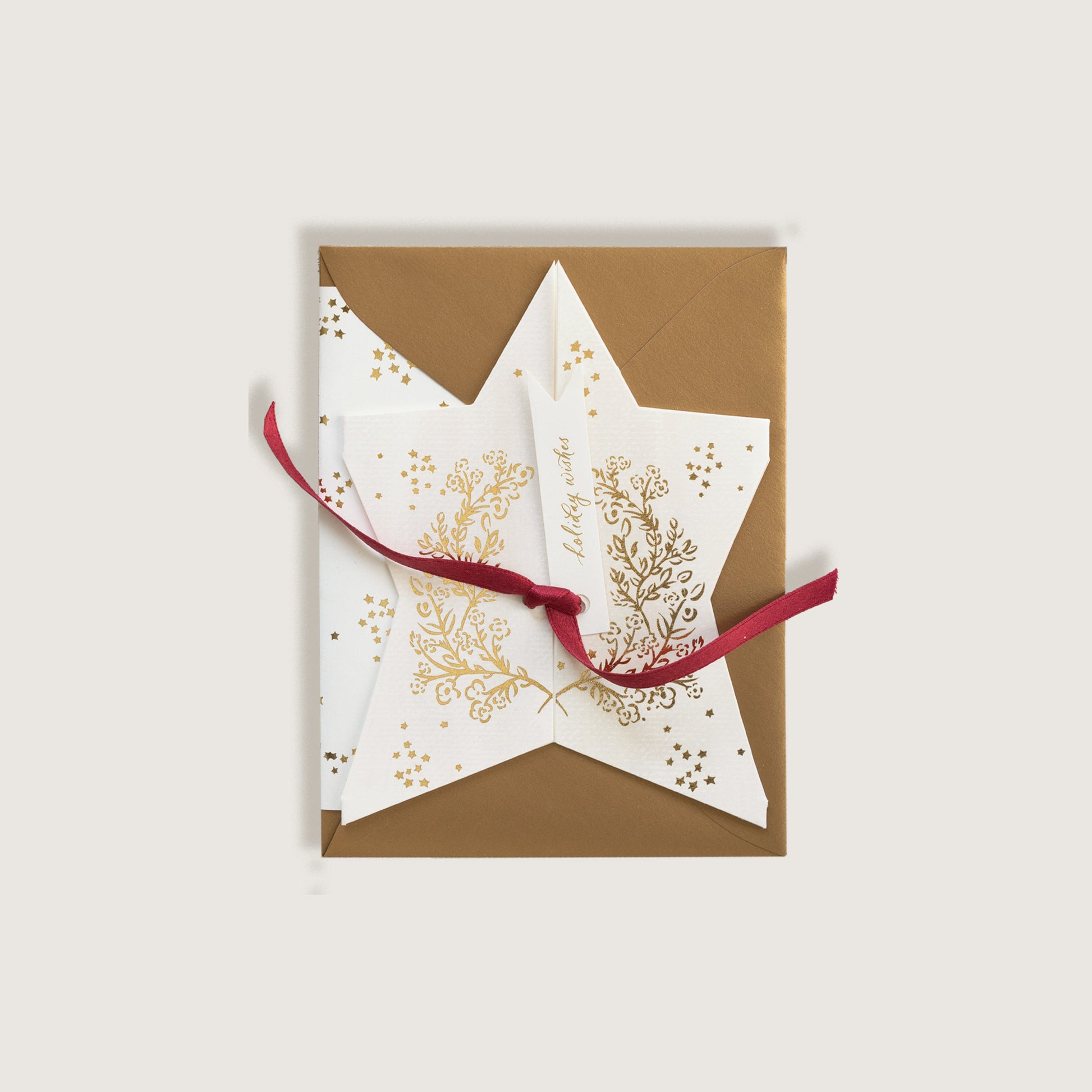 'Holiday Wishes' Star Greeting Card w/ Ruby Silk Ribbon 